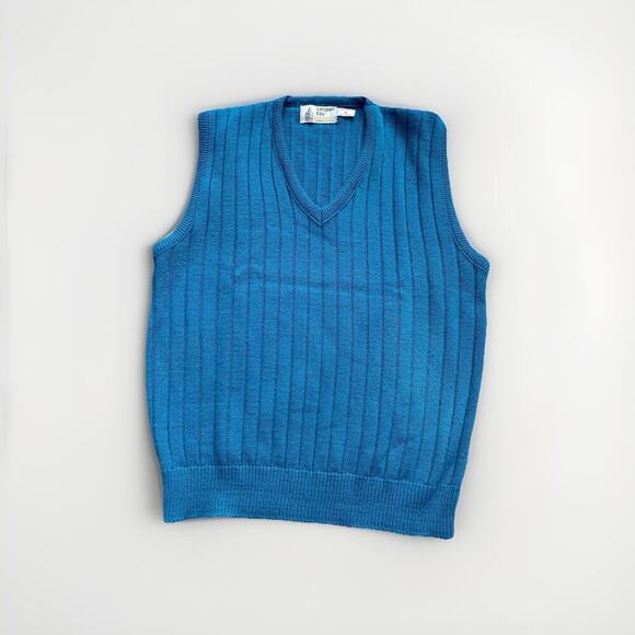 Vintage London Fog Sweater Vest Men's Medium Blue Solid Ribbed Knit USA Made 90s - Picture 1 of 6